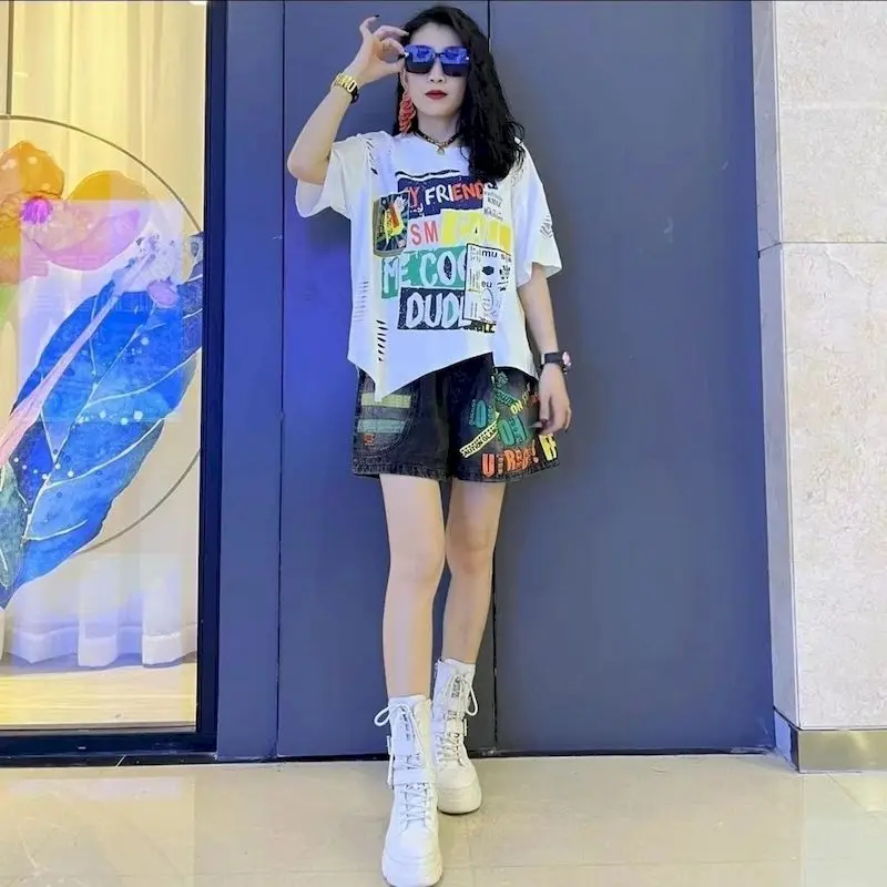 Cotton T Shirts Women Irregular Vintage Personalized T-shirt Fashion Loose Letter Print Short Sleeve Top Summer Trend Tshirt Y2k