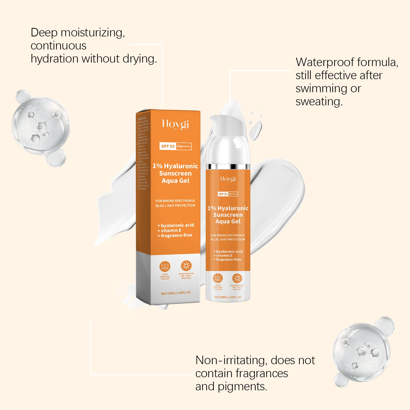 حمض الهيالورونيك SPF 50+ حماية من الأشعة فوق البنفسجية، كريم عزل واقي من الشمس مضاد للأكسدة، خفيف الوزن، كوري، مناسب لجميع أنواع البشرة
