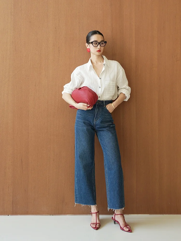 

Классические джинсы А-силуэта из хлопкового денима с бахромой и дизайном Breadsti, с высокой талией, облегающие, для женщин, на весну