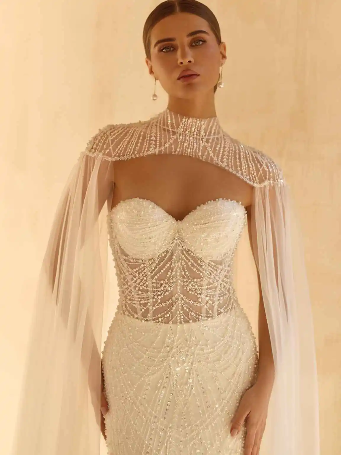 Glamorous Beadeds Lace Wedding Dresses Mermaid Long Bridal Gowns Sequins With Cape Customized Vestidos De Novia