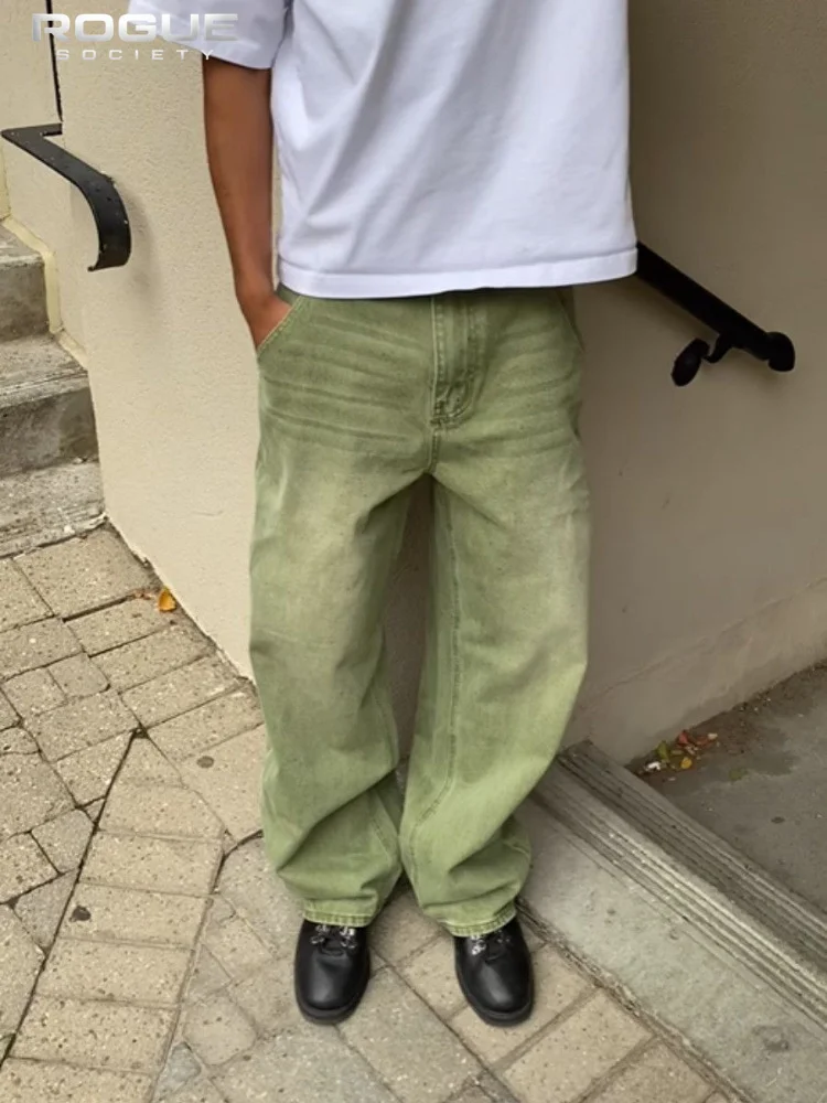Mens Straight Leg Wide Leg Casual Streetwear Fashion Jeans Matcha Green Washed Gradient Denim Pants Harajuku Unisex Loose Fit