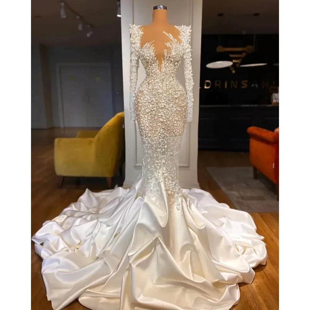 Luxury South African Wedding Dresses Black Girls Mermaid Long Sleeves Pearls Designer Bridal Gown Vestido De Noiva Customized