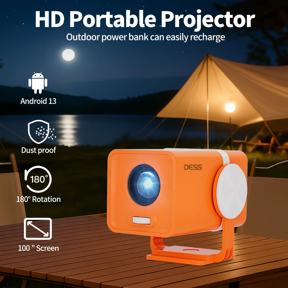 Projetor DESS 4K Android 13 1280*720P Dual Wifi 180 °   Fonte de alimentação portátil exterior flexível do banco do poder do projetor do cinema BT5.0