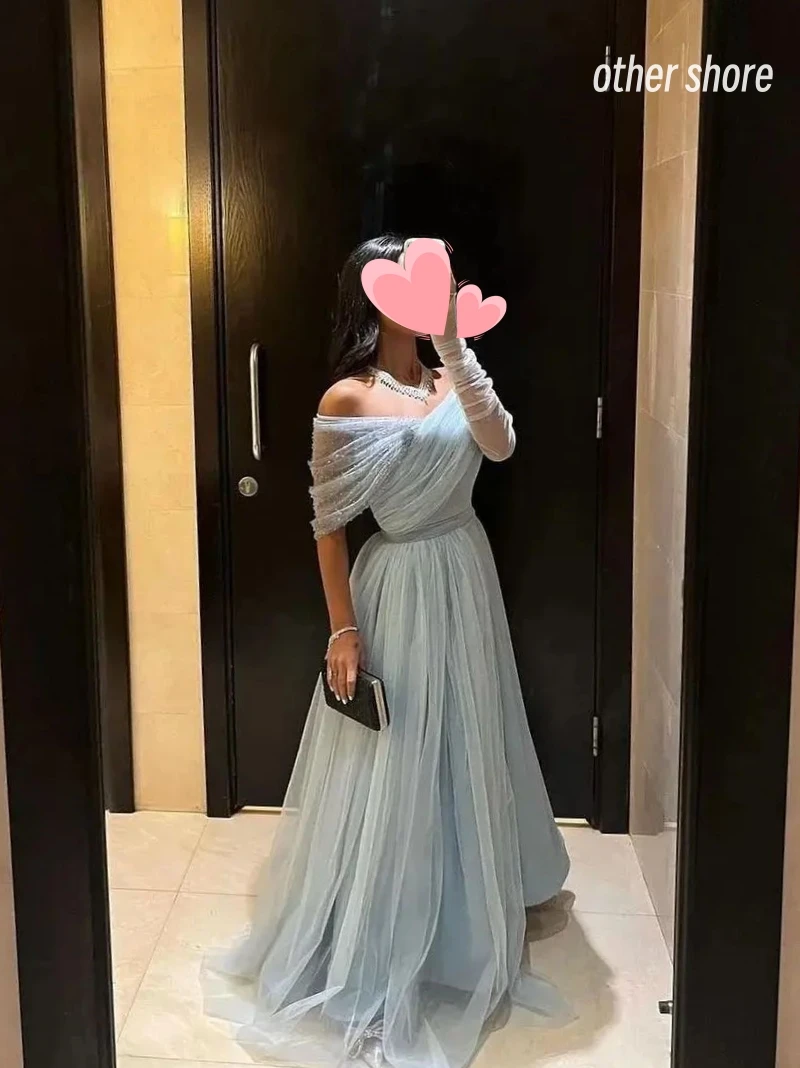 Other Shore Elegant Vintage Sweet Blue Lace Off the Shoulder A-Line Customize Formal Occasion Prom Dress Evening Party Gowns