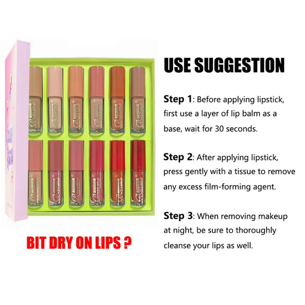 12-Farben-Lipgloss-Set, matt, samtig, langlebig, wasserdicht, koreanischer Lipgloss, feuchtigkeitsspendender flüssiger Lippenstift, Damenkosmetik