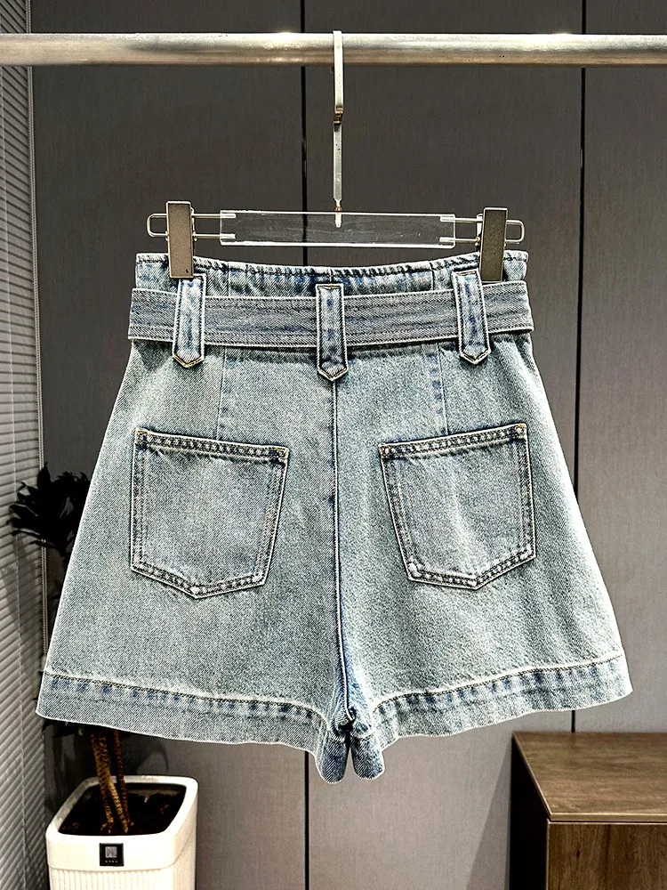Hot Sale Summer Fashion New Style Belt Females Sweet Denim Shorts High Waisted Casual Wide Leg Above Knee Length Short Trousers