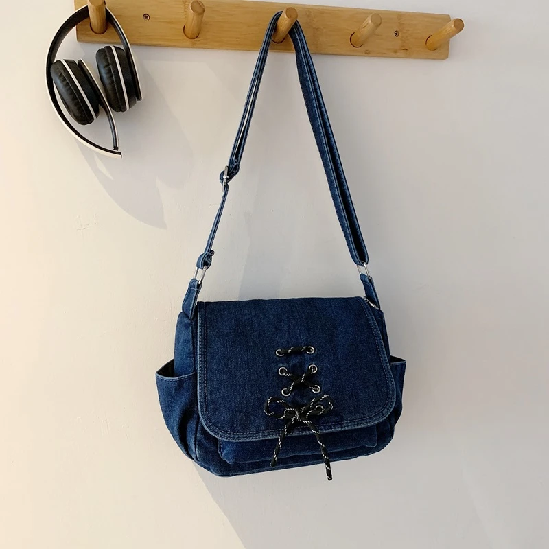 Autumn New Fashion Vintage Lace-up Denim Shoulder Bag Women Adjustable Strap Crossbody Bag Casual Jeans Messenger Handbag