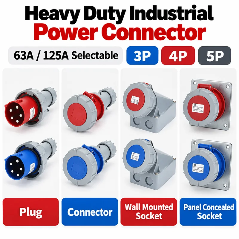 Heavy Duty Industrial Plug Socket Connector 63A 125A 3P 4P 5P IP67 Waterproof Wall Panel Concealed Mounted Coupling Red or Blue