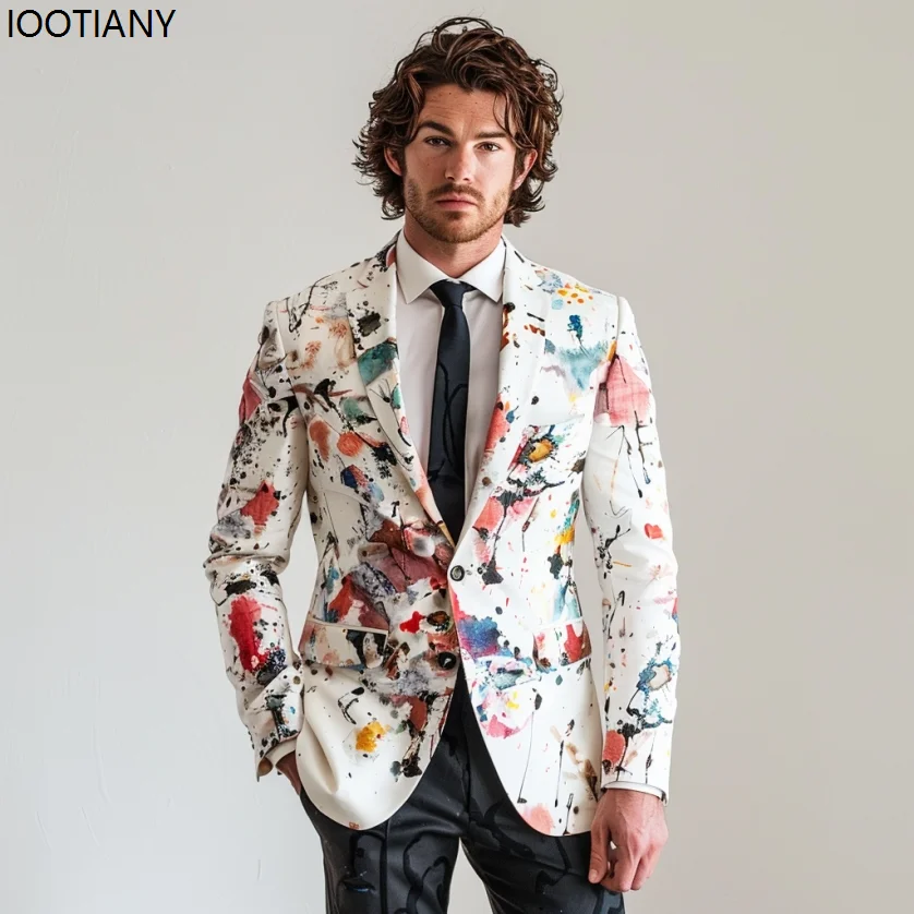 Men Floral Print Suit Jacket Colorful Jacquard Jackets Business Casual Lapel Blazer Wedding Performance Nightclub Stage Dress Up