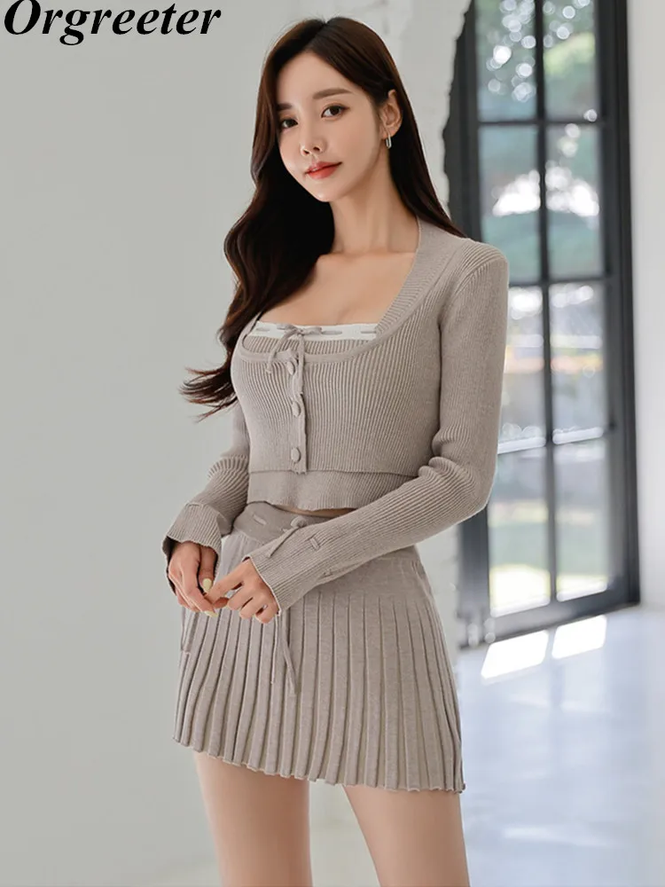 2024 Spring Y2k Knitting Cardigan 3 Pieces Set Women Camisole+ Pleated Skirts Sets Streetwear Hotsweet New In Matching Sets