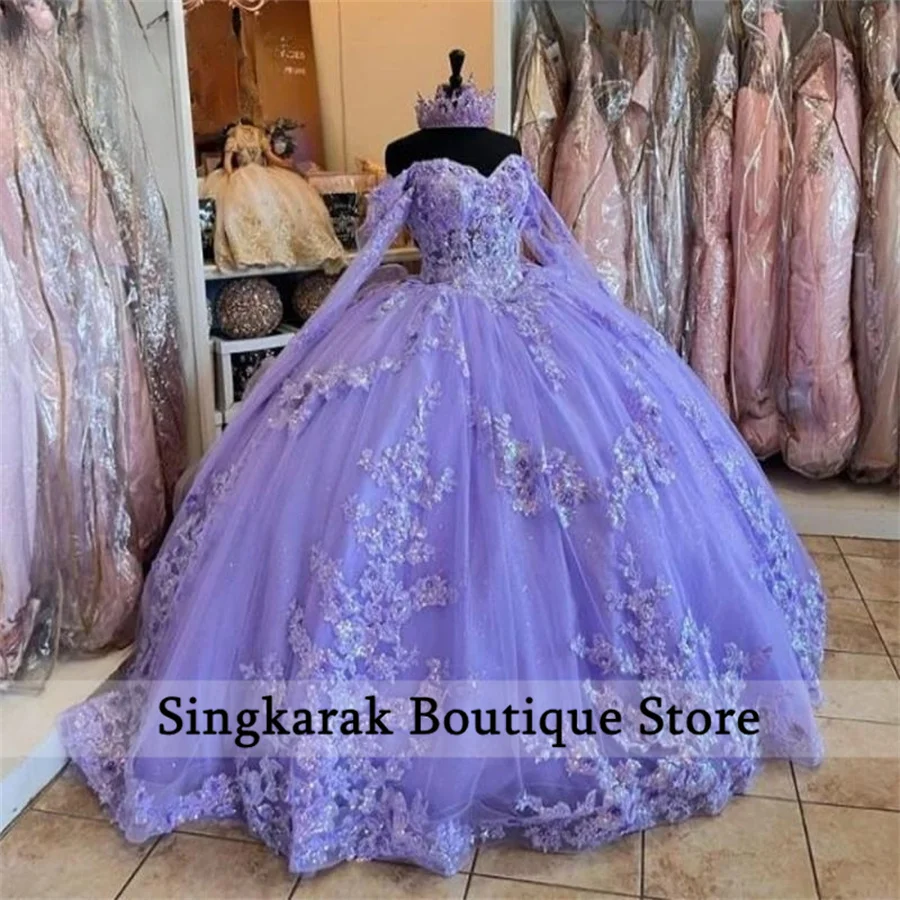 Lavender Princess Quinceanera Dress Flowers Ball Gown Crystals Flowers Beads Tull Sweet 16 Vestidos 15th Birthday Customized