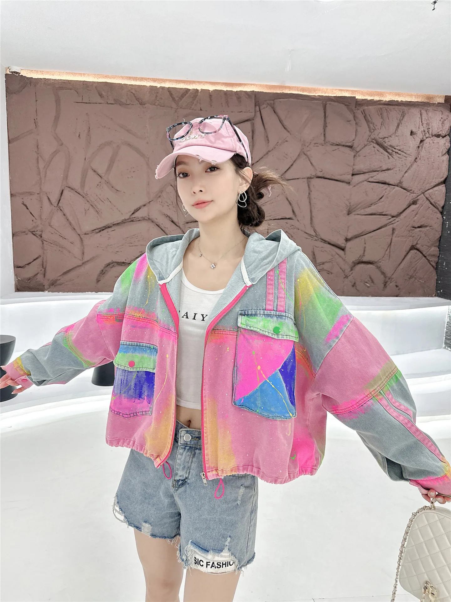 Color Blocking Tie-dye Hot Diamonds Loose Denim Cardigans Coat 2026 New Autumn All-match Long Sleeve Women Hooded Short Jacket