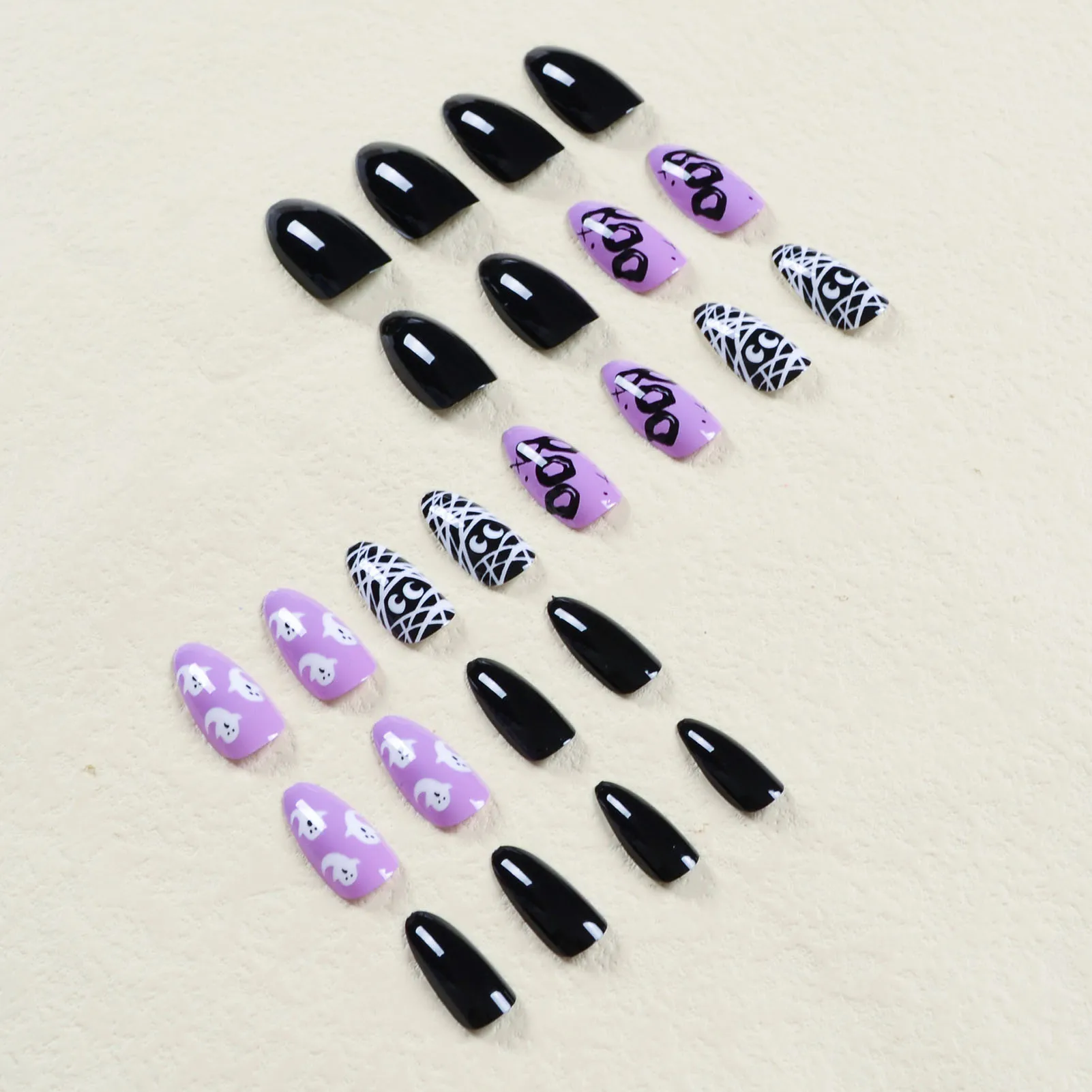 Purple Black Almond Fake Nail Halloween White Bandage Zombie Artificial Nail for Women and Girl Party Activity