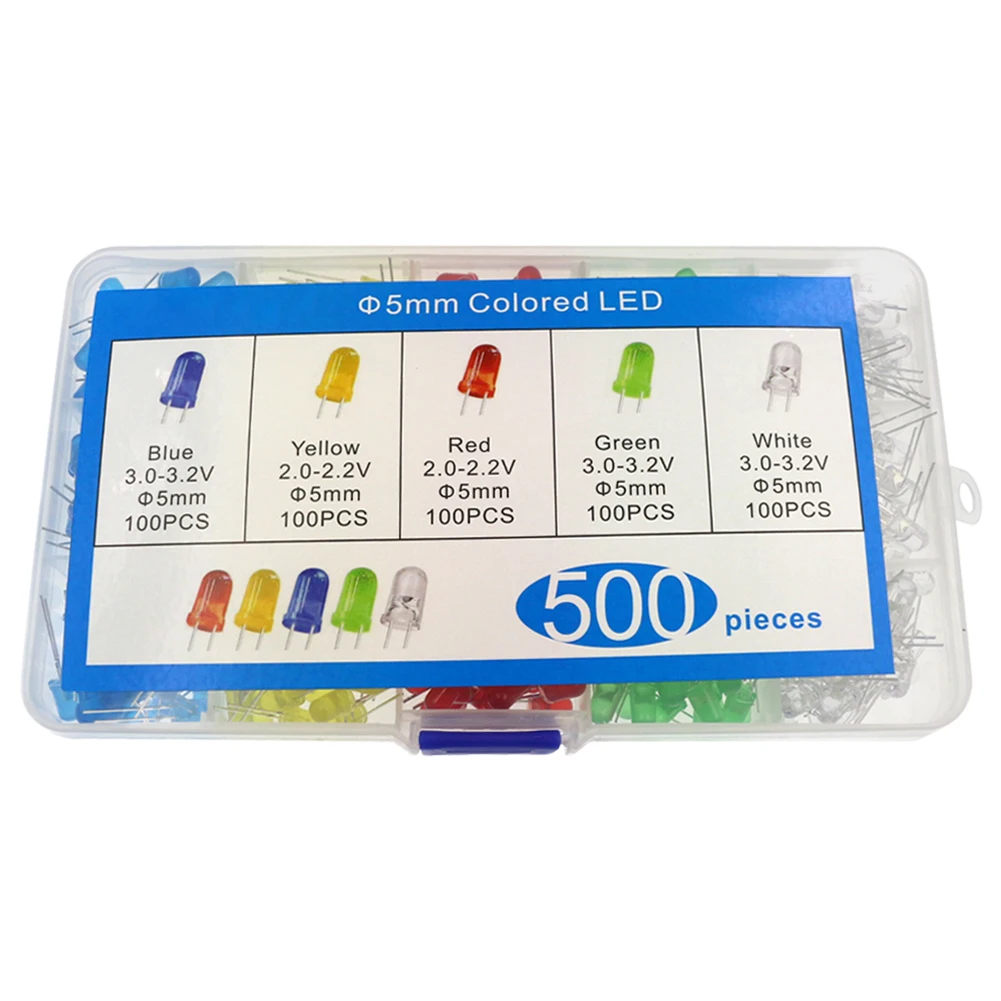 

500Pcs LED Light-Emitting Diode Red Yellow Blue Green White 5MM Luminous Diode Assorted Kit LED for DIY Electrical Maintenance