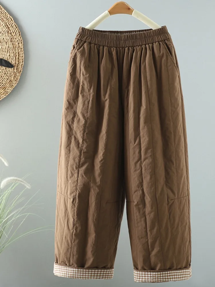 Retro Artistic Pure Cotton Thickened Winter Pants Women's Outerwear Trousers Mom's Wide Leg Pants Cotton Filled Warmth Protec...