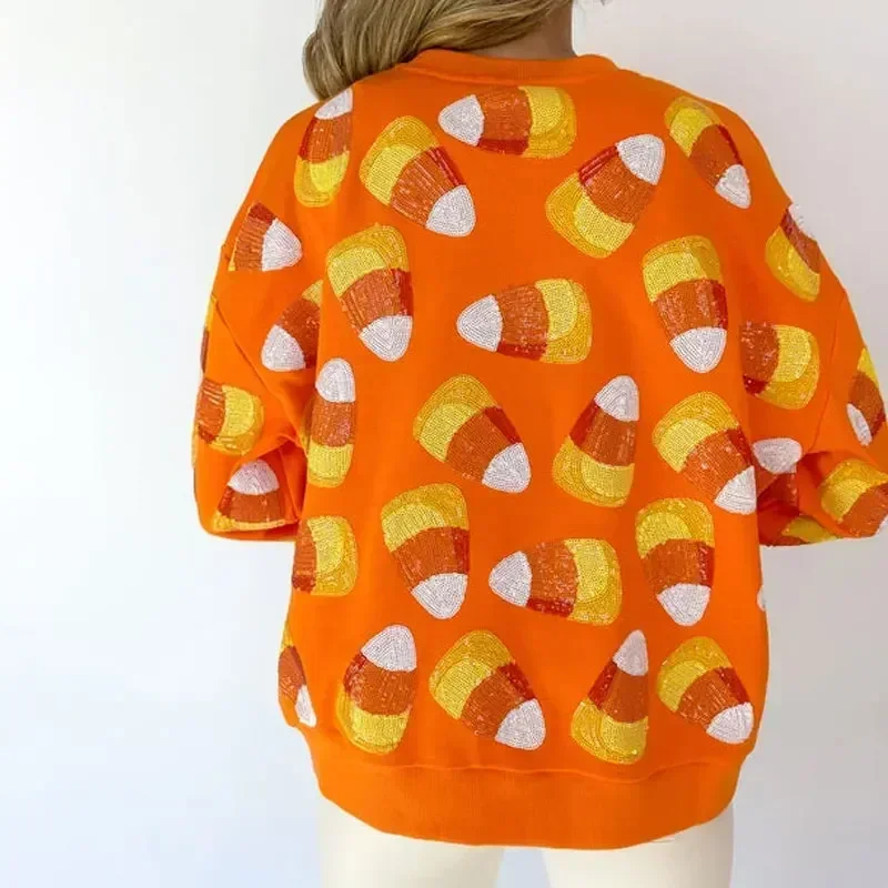 Candy Corn Print Sweatshirt for Women Fall Crewneck Long Sleeve Pullover Tops