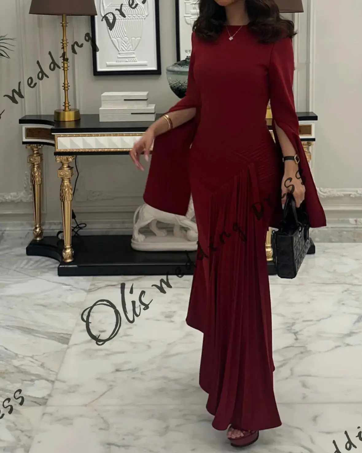

customized Mermaid Long Sleeevs Prom Dresses O-Neck Ankle Length Pleated Party Dresses Evening Dresses