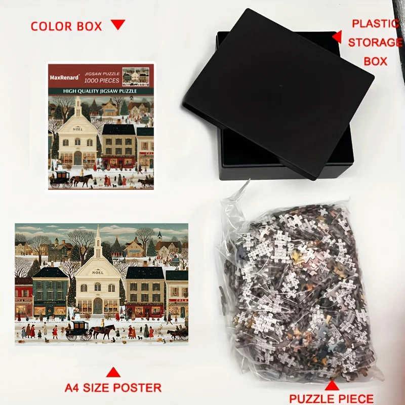 1000 قطعة من أحجية الصور المقطوعة لعيد الميلاد للبالغين والعائلات - مشهد شارع شتوي احتفالي مع قرية ثلجية، عربات مرسومة بالخيول