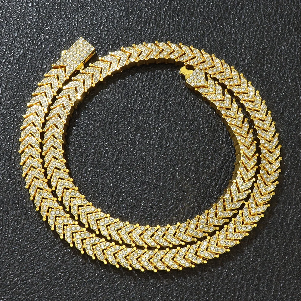 Full Diamond Fish Tail Fish Bone Chain Tennis Chain Necklace Trendy Hip-Hop Style Exaggerated Choker Clavicle Chain Accessory