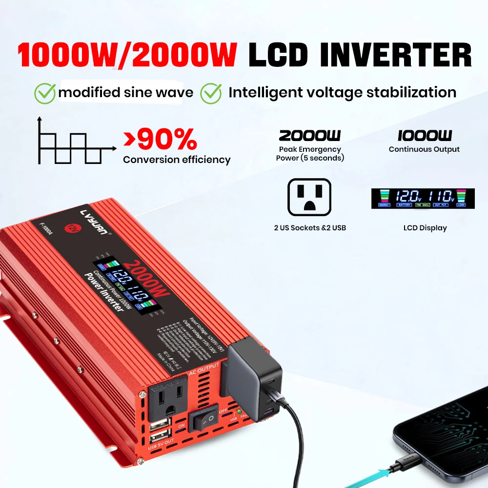 محول السيارة عاكس الطاقة تيار مستمر 12 فولت إلى التيار المتناوب 110 فولت محول LCD 1500-2600 واط المزدوج USB شاشة الكريستال السائل العاكسونات الشمسية بنك الطاقة المحمولة #2