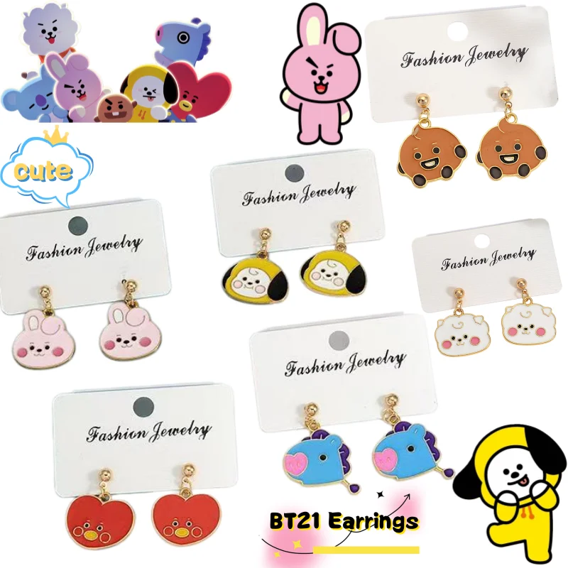 New BT21 koya RJ Shooky Cooky Chimmy Earrings High Color Value Doll Doll Shape Printing Creative Girl Heart Cute Decorative Gift
