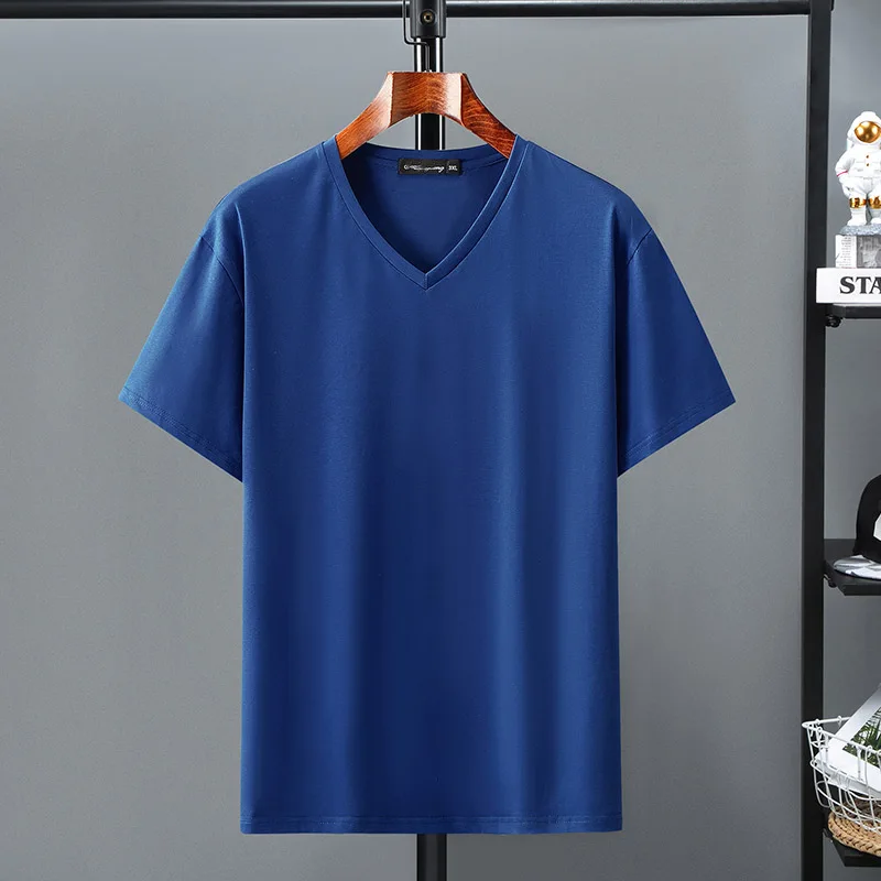 10xl 9xl youth men short-sleeved T-shirt tide V-neck plus size summer Solid Color Lycra cotton t-shirt loose 160kg