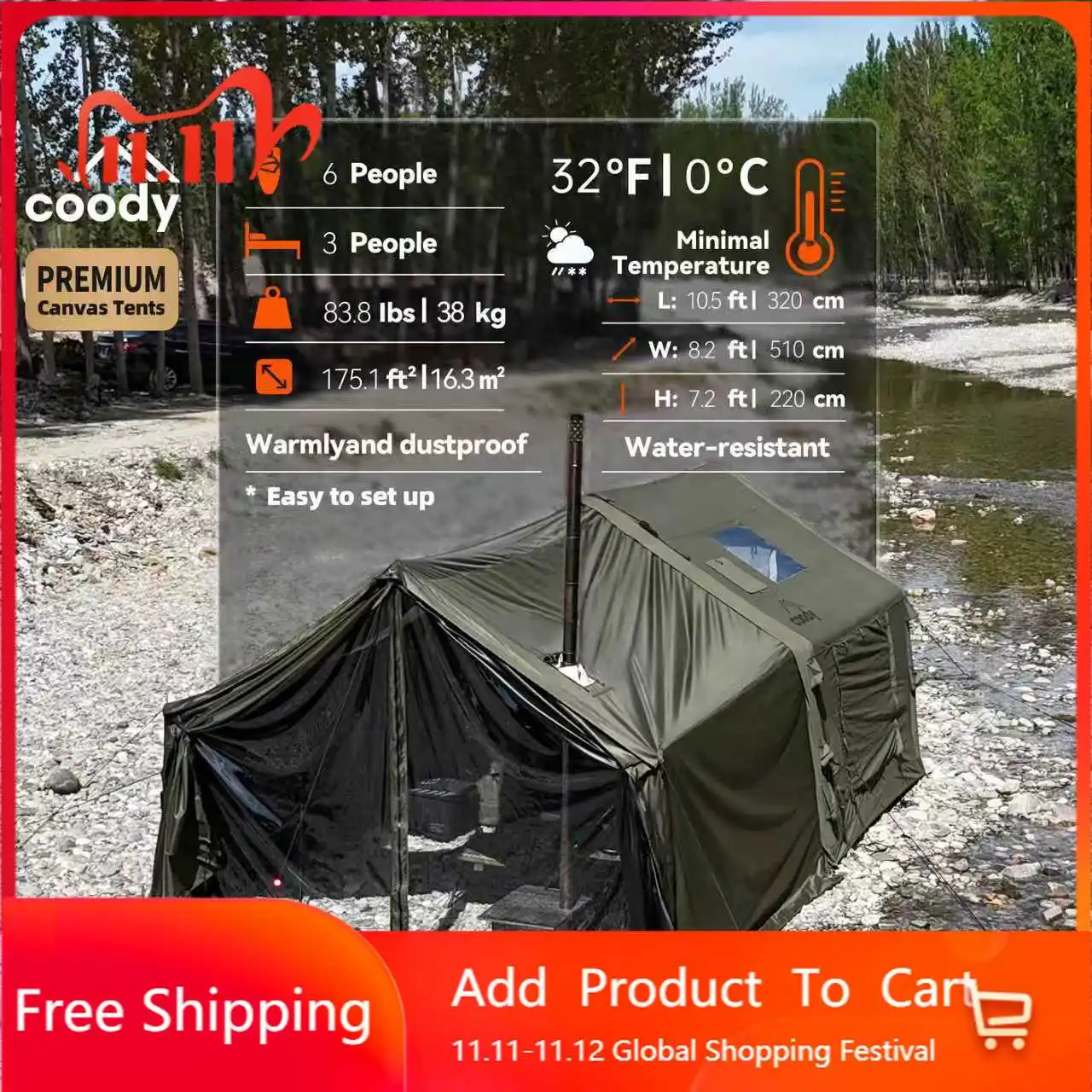 Coody 8.0+ Army Green Inflatable Tent Framed Foyer 4 Season Waterproof UV Camping Shelter