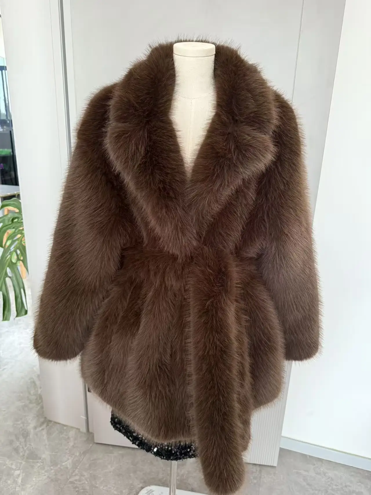 Manteau d'hiver épais en fausse fourrure pour femmes, mi-long, ceinturé, pardessus avec col de costume, vestes en fausse fourrure en peluche, Streetwear