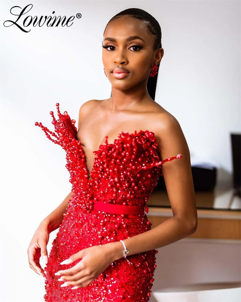 Vestido de fiesta de boda de sirena roja modesta, vestidos formales de fiesta para mujer con cuentas de perlas, vestidos de cena de noche africanos árabes personalizados