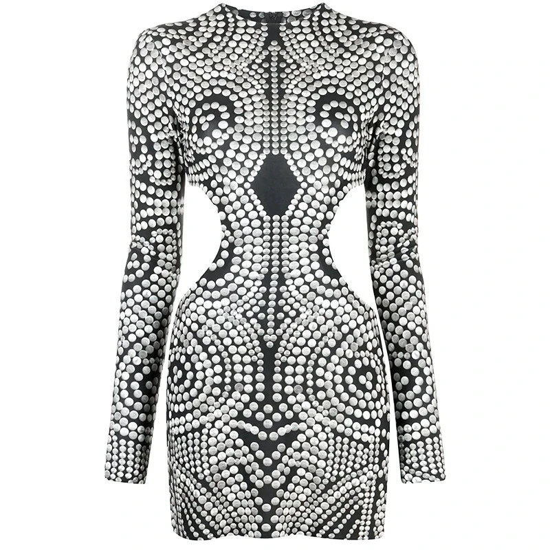 

Waist Cutout Fashion Hipster Dot Printing Mini Dress 2023 Women Autumn Winter Long Sleeve Crew Neck Dress Sexy Nightclub Outfits