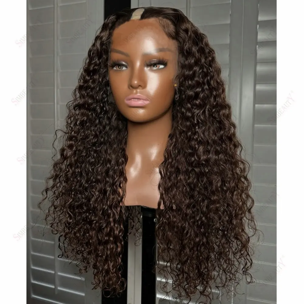Lange, tiefe Locken, vollständig maschinell hergestellt, 1x4-Größe, V-Teil-Perücken aus Echthaar für schwarze Frauen, schokoladenbraun, klebefreie U-Teil-Perücken, einfach zu tragen – Detail 1