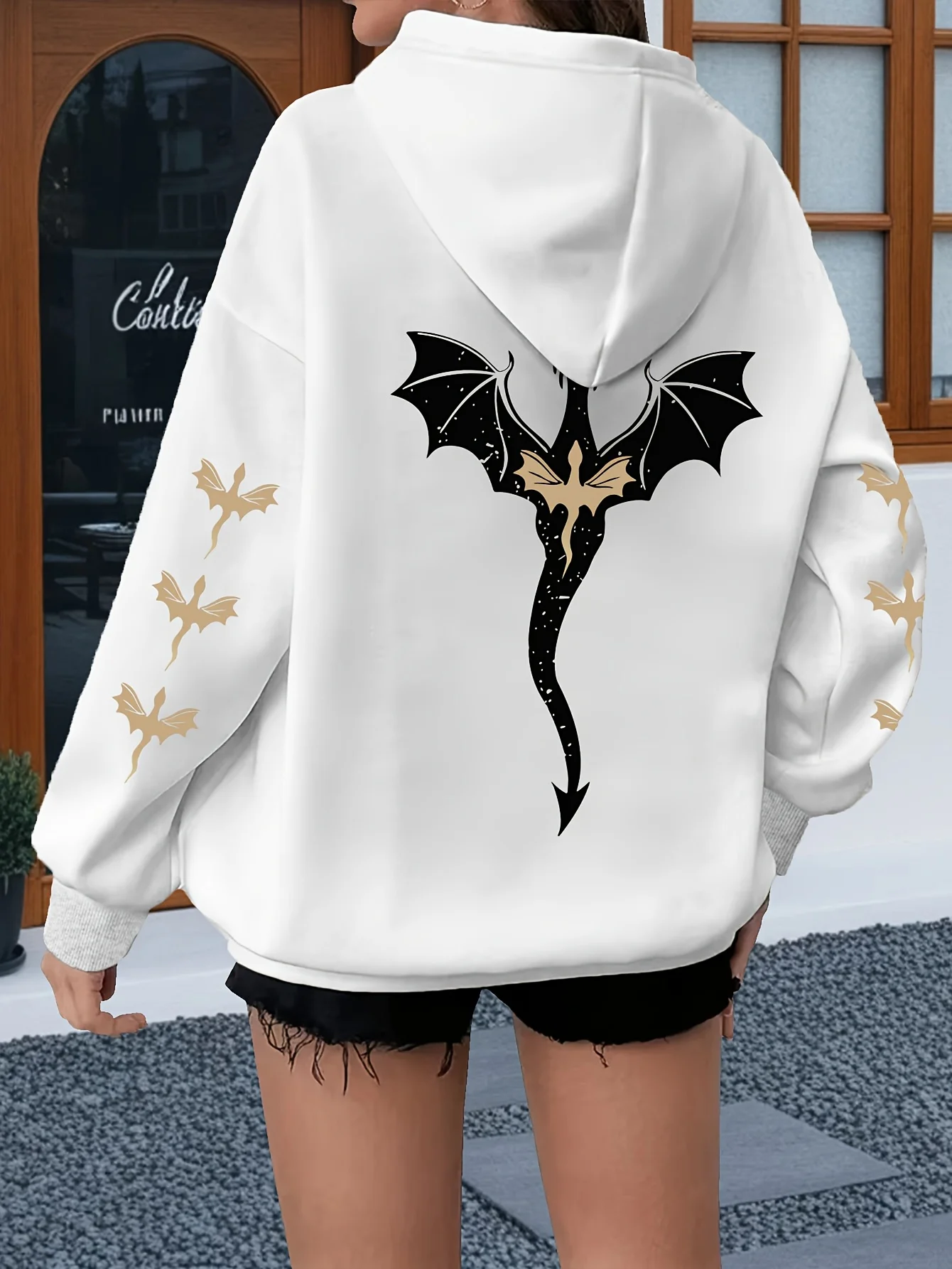 [Толстовка с рисунком дракона] Удобная женская толстовка с рисунком дракона больших размеров — повседневный пуловер с длинными рукавами и карманом-кенгуру,