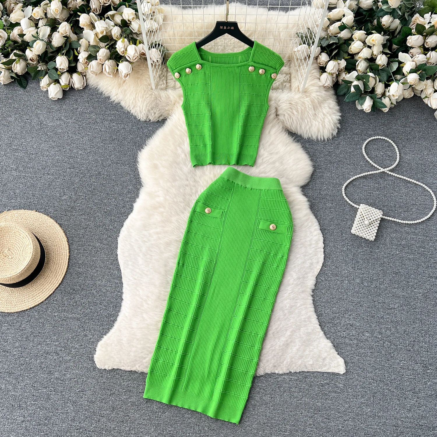 REALEFT Summer 2 Pieces Buttons Women\'s Knitted Skirts Suits Green O-Neck Tank Tops and Wrap Sheath Skirts Sets Outfits 2024 New