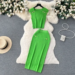 REALEFT Summer 2 Pieces Buttons Women's Knitted Skirts Suits Green O-Neck Tank Tops and Wrap Sheath Skirts Sets Outfits 2024 New