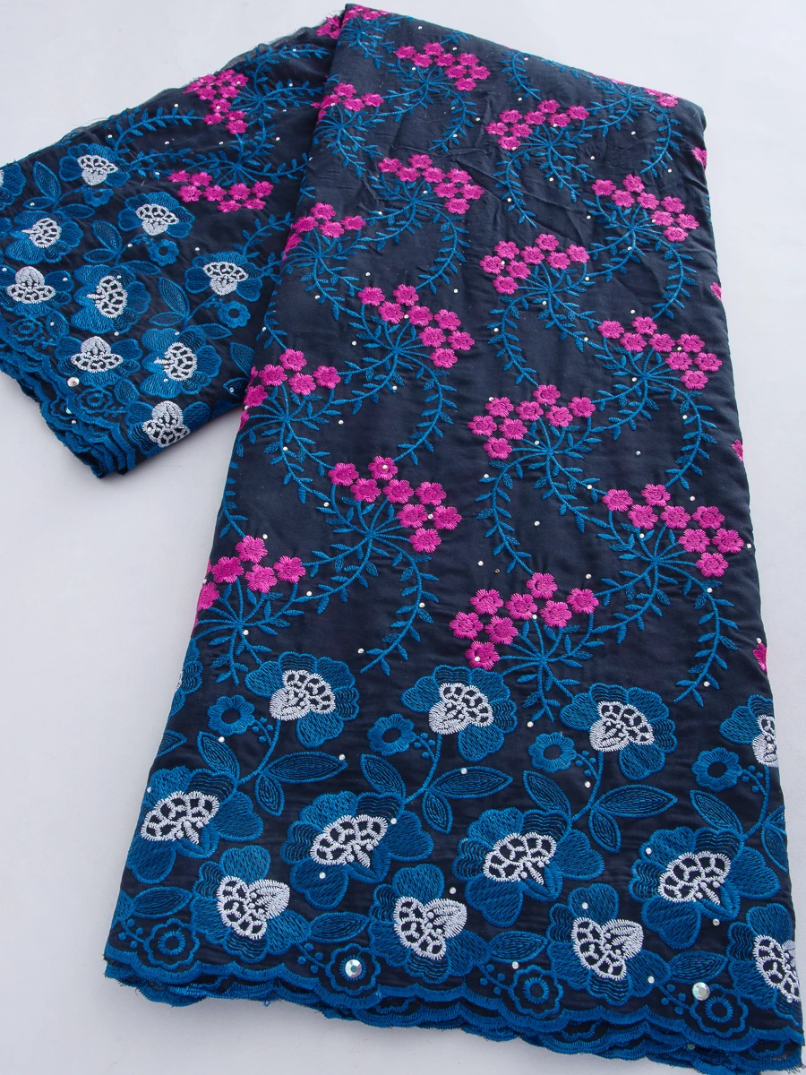 

New Arrival Navy Blue & Pink Floral Cotton Lace Fabric, Swiss Voile Lace for African Nigerian & Ghanaian Wedding Party Materials