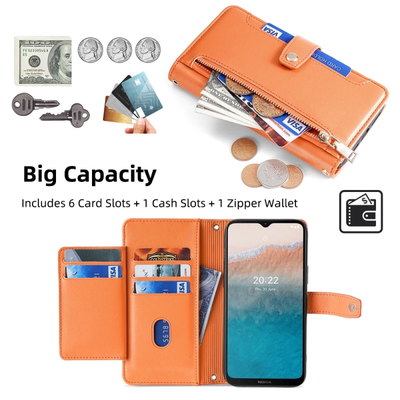 Zipper Wallet Case Multi Cards Flip Cover For Nokia 3.2 4.2 G60 X30 C100 X71 G20 X30 C01 C20 G11 Removable Hand Strap Phone Case