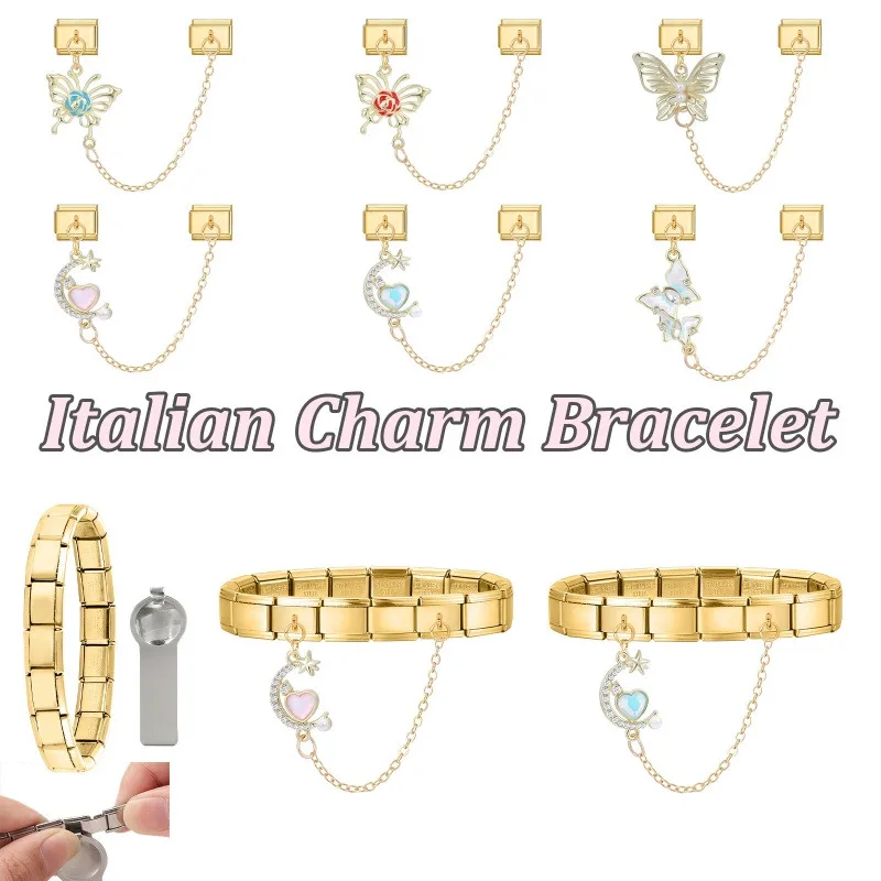 Color dorado, corazón rosa, estrella, cereza, Luna, cadena, borla, abalorio italiano, ajuste de pulsera de acero inoxidable de 9mm, regalos DIY para mujer