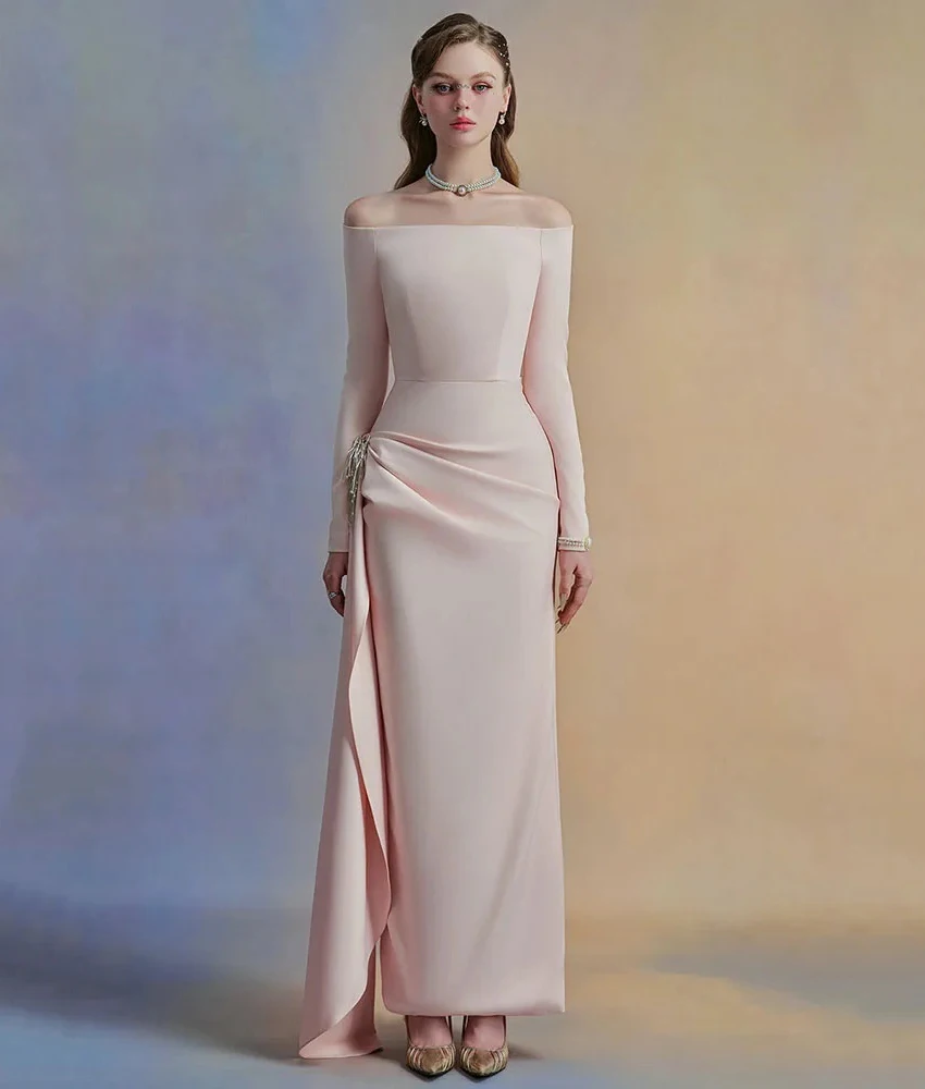 맞춤형 고급 저지 오프숄더 크리스탈 이브닝 드레스 섬세한 보트넥 긴 소매 파티 가운