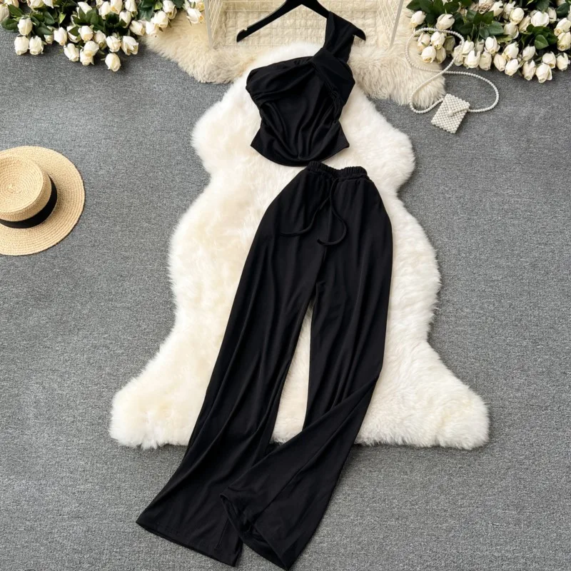 Women Summer Elegant Solid Chic Pantsuit Sexy Vintage Crop Tops Wide-Leg Pants Two Pieces Set Female Fashion Outfits Clothes