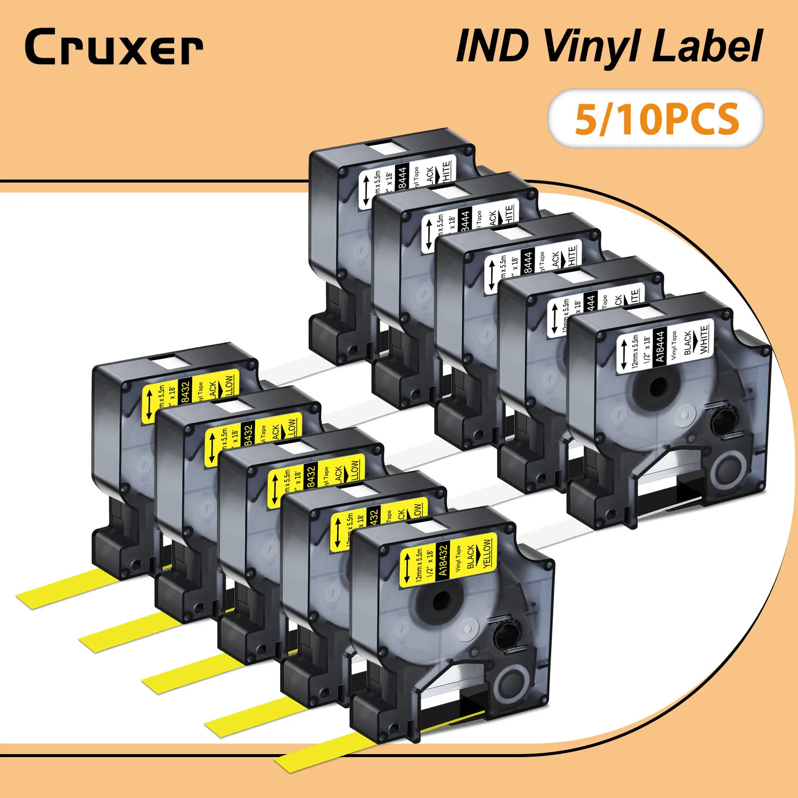 

3-10PCS A18444 Compatible for DYMO IND Vinyl/ Flexible Nylon/ Permanent Polyester Labels A18432 A18488 A18483 9-19mm Label Tapes