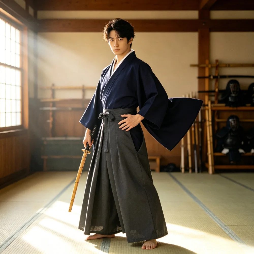 Kimono Tradicional Japonés Rojo Sólido Vintage para Hombre, Disfraz de Samurai Kendo para Halloween, Carnaval, Fiesta Temática