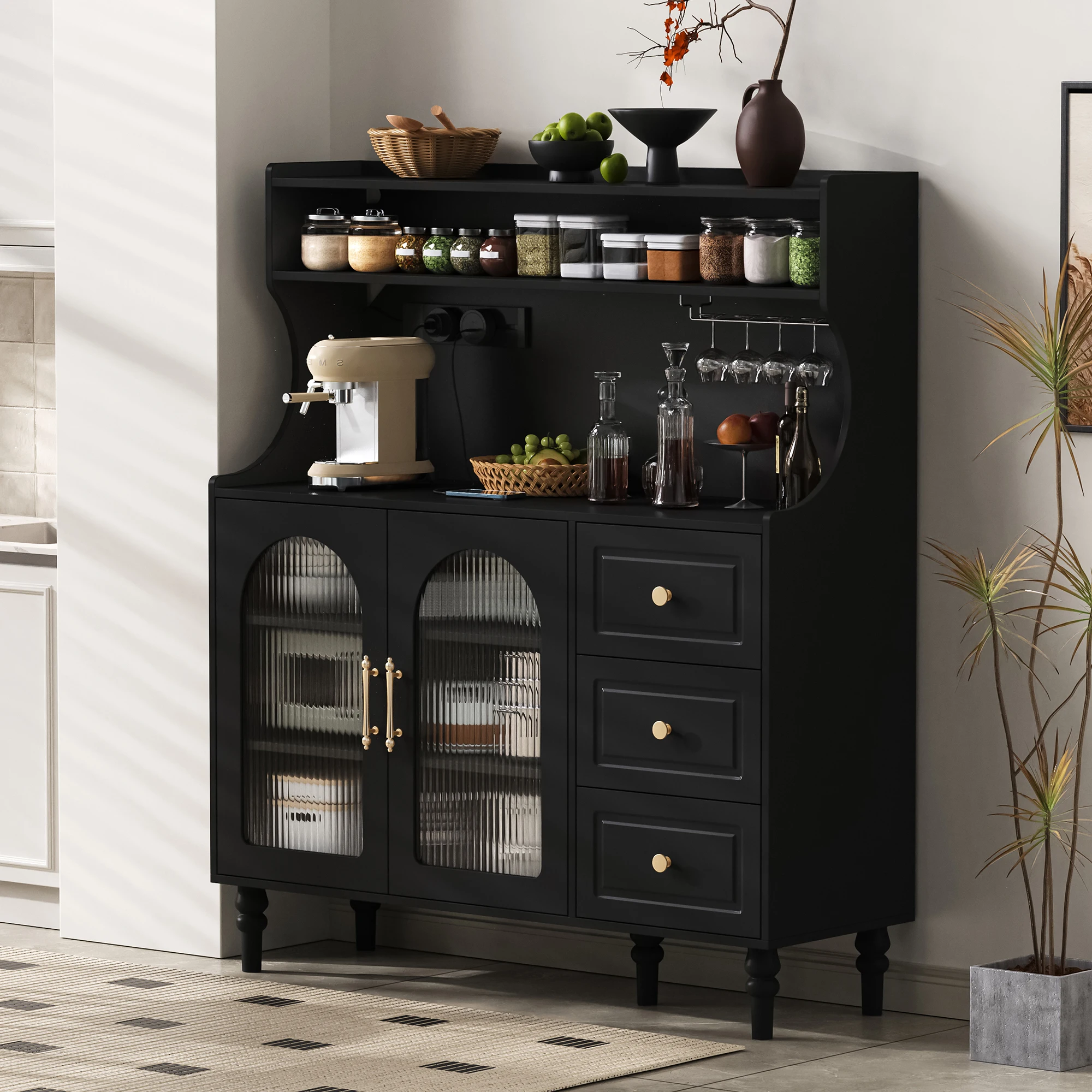 Buffet - Armoire de rangement - 3 tiroirs - Porte-verres - Étagères réglables - MDF - Noir
