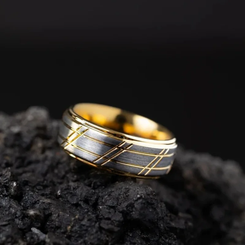 Gold Silver Ring, Brushed Tungsten Carbide Ring, Gold Thread Ring, Men's Ring, Wedding Ring, Gold Slotted Ring, 8Mm Ring