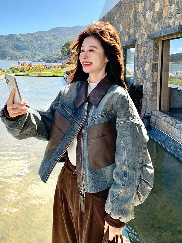 

Женская зимняя куртка из искусственной кожи и денима в стиле ретро, новая теплая белая пуховая верхняя одежда 2025 года