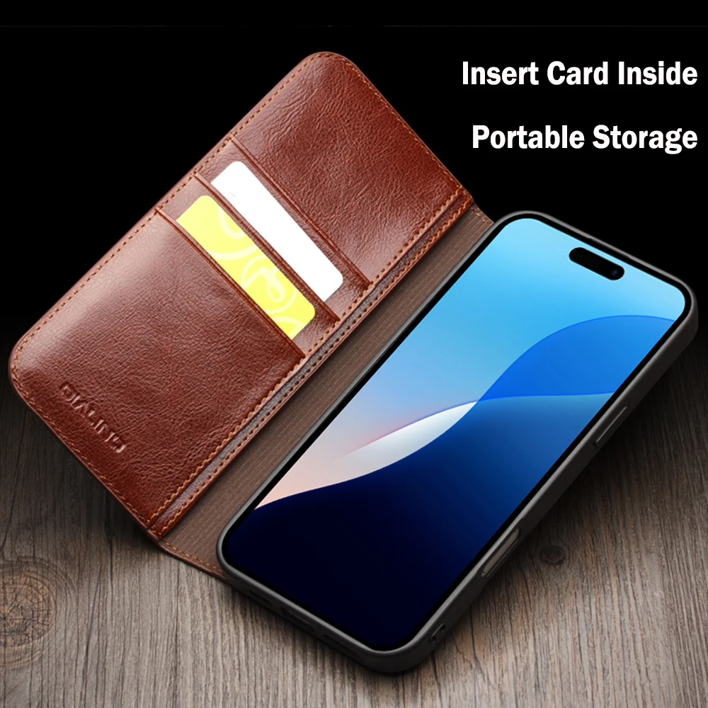 QIALINO Genuine Leather Flip Case for iPhone 1616 Pro Max Fashion Business Cover with Card Slots for iPhone 16 Plus 15 14 13 12