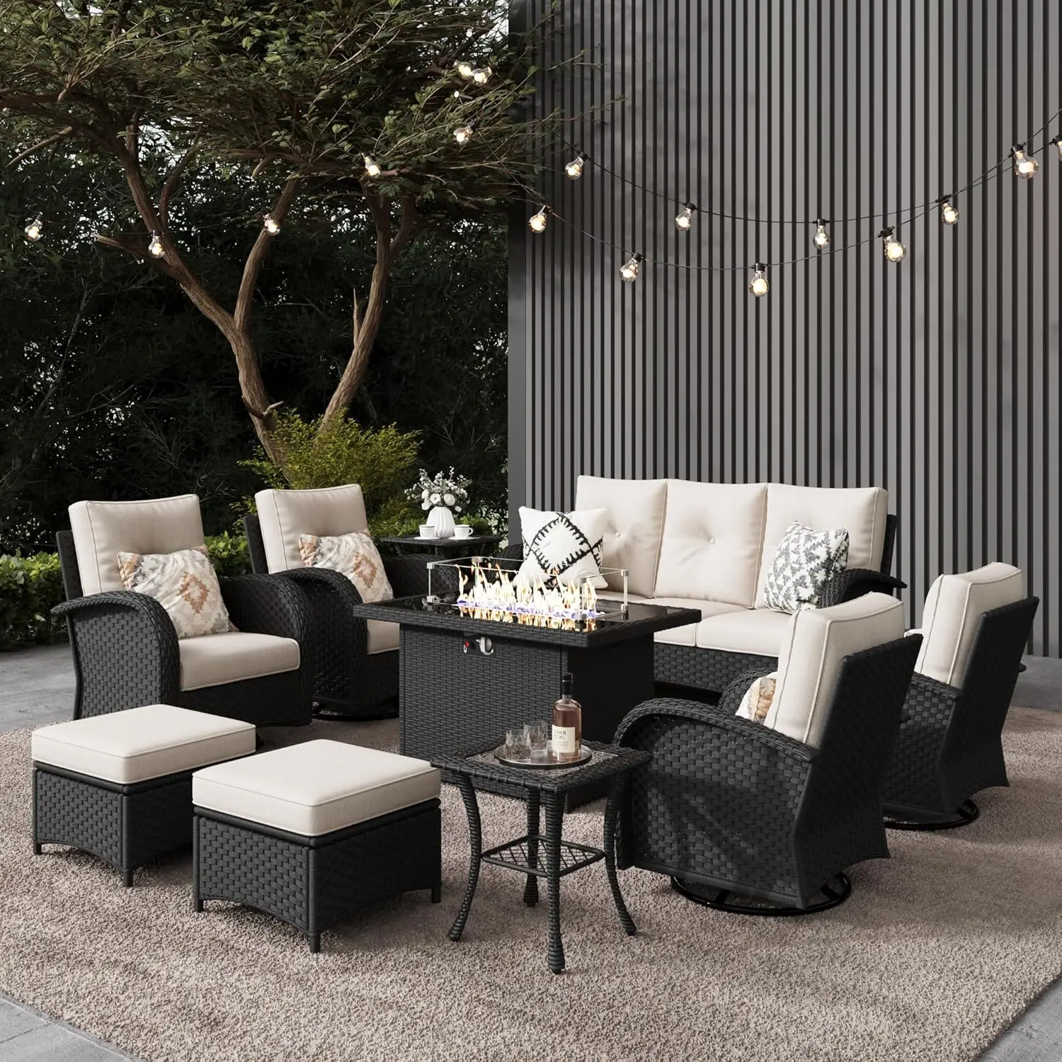 LayinSun 10 Pieces Outdoor Patio Furniture Set with Fire Pit Table, Rattan Wicker Sectional Swivel Rocker Chairs Sets