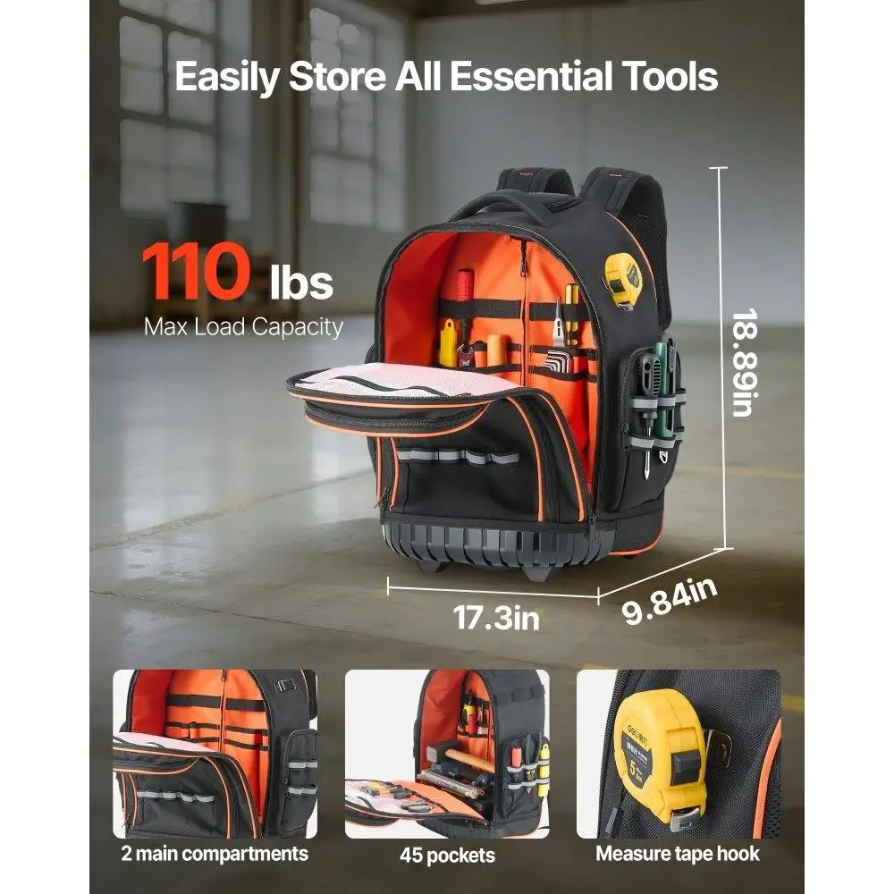 Heavy Duty Rolling Tool Backpack 45 Pocket Tool Bag on Wheels Portable Tool Organizer