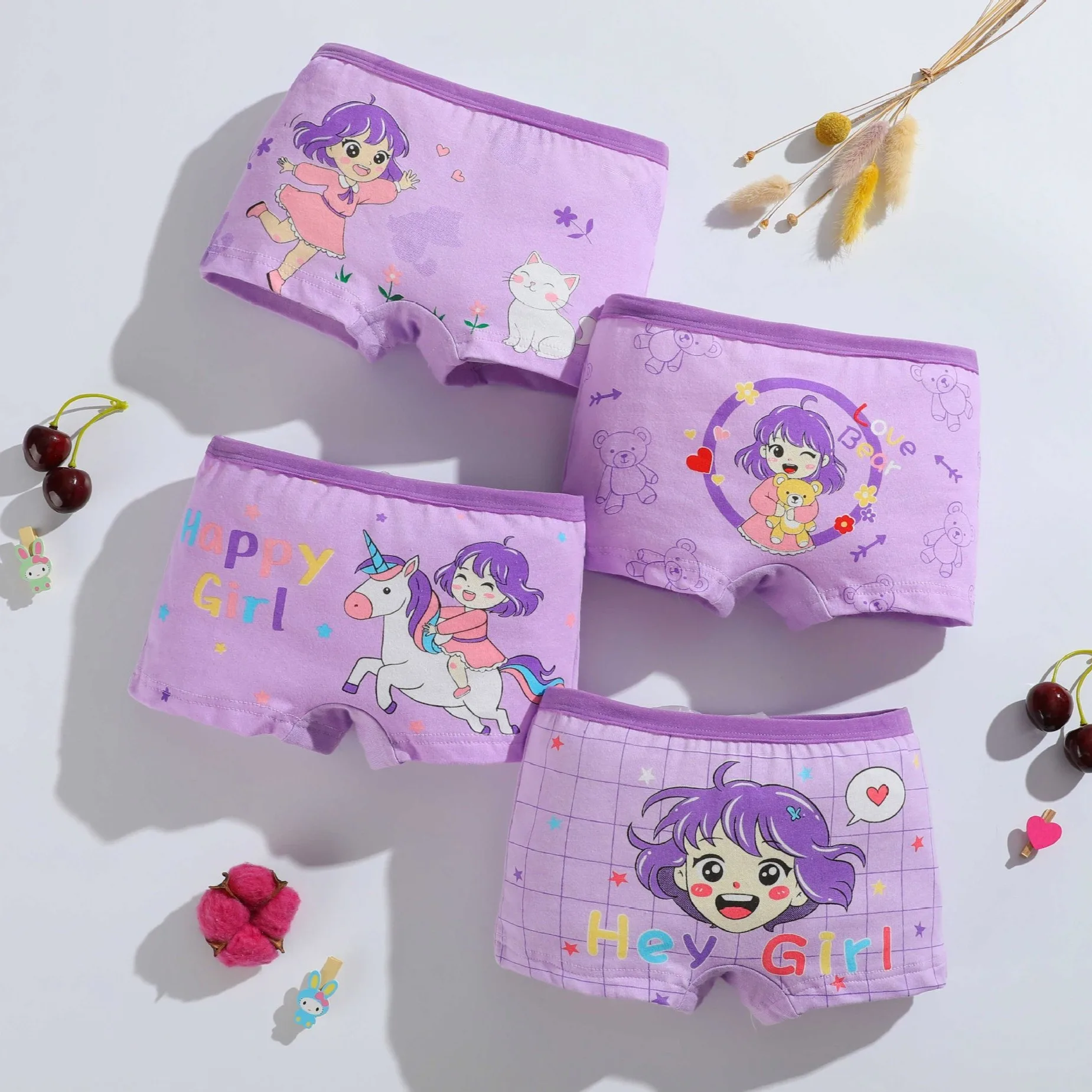 4 Pack Cotton Girls Panties Cute Cartoon Character Soft Washable Boxer Briefs Children's Underwear Boyshorts for Kids 2-9T