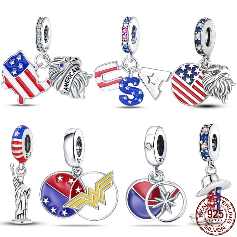 

S925 Sterling Silver American Style Series-Heart-Shaped Flag Beads Fit Pandora Bracelet DIY Charm For Women Jewelry Fashion Gift