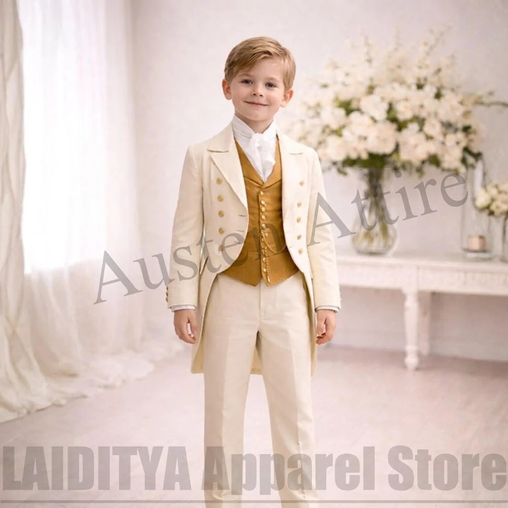 Chic Boys Long Tailcoat Three Piece Suit Double Breasted Kids Royal Wedding Page Boy Vintage Victorian Ceremony Formal Outfit